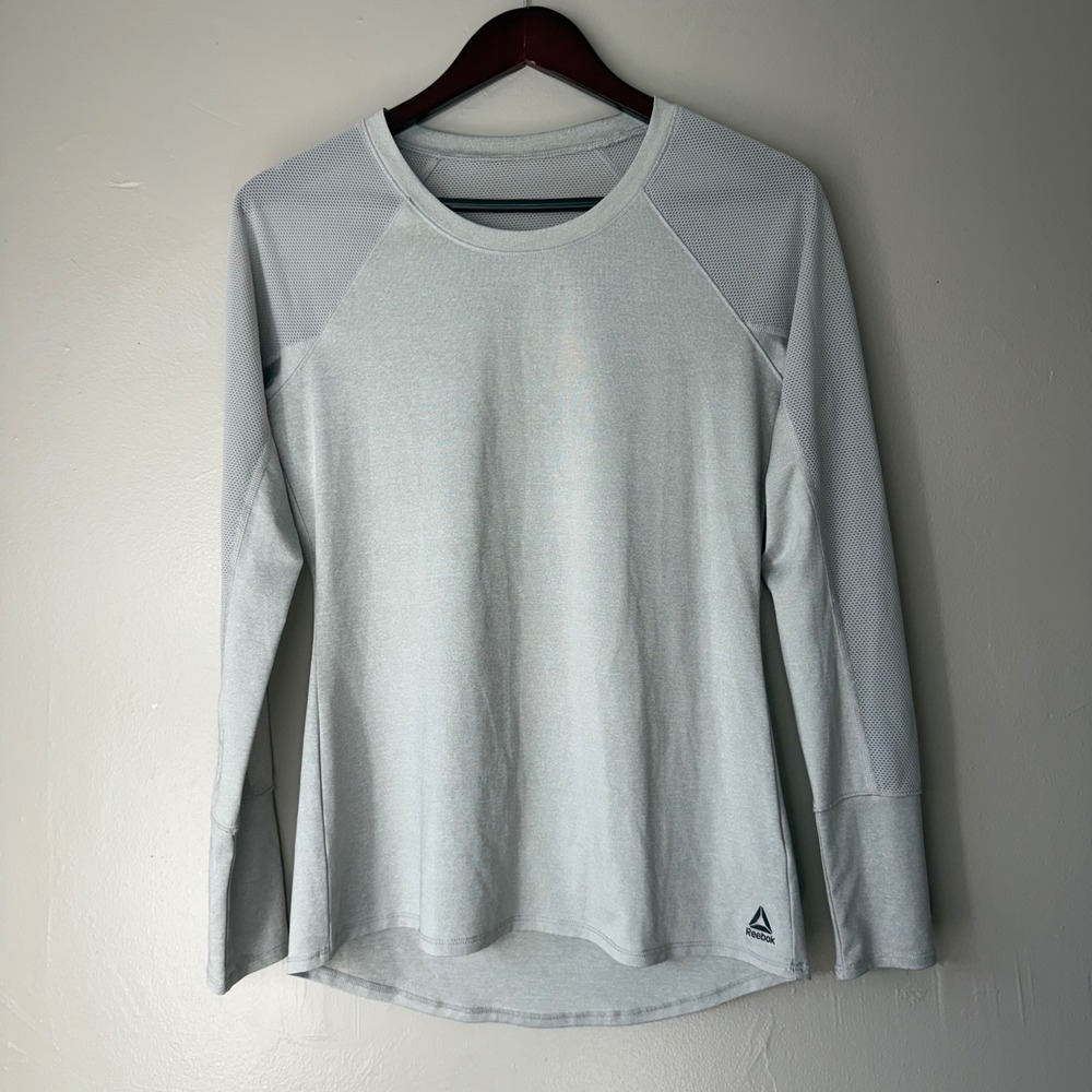 Reebok Womens Gray Long Sleeve Mesh Panel Activewear Training Top Crew Neck
